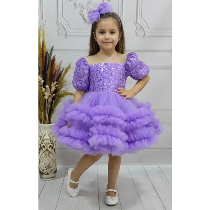 Kız Çocuk Taşlı Boncuklu Lila Eteği Büzgülü Kabarık Elbise