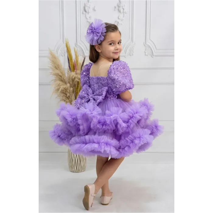Kız Çocuk Taşlı Boncuklu Lila Eteği Büzgülü Kabarık Elbise