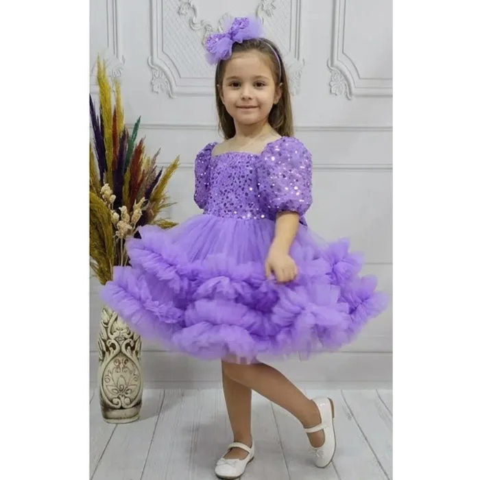 Kız Çocuk Taşlı Boncuklu Lila Eteği Büzgülü Kabarık Elbise