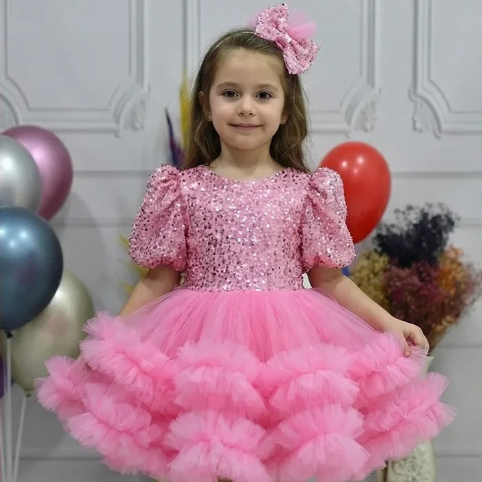 Kız Çocuk Taşlı Boncuklu Pembe Eteği Büzgülü Kabarık Elbise