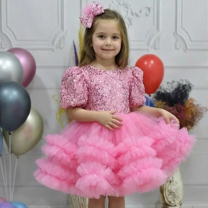 Kız Çocuk Taşlı Boncuklu Pembe Eteği Büzgülü Kabarık Elbise