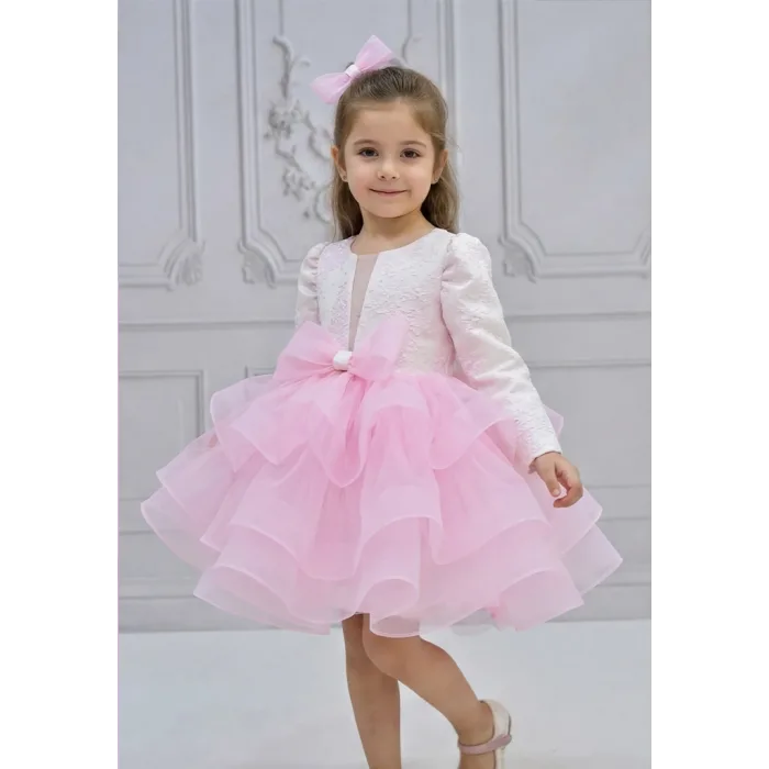 Kız Çocuk Üst Dokuma Kumaş Ön Dekolte Detaylı Şeker Pembesi Grenli Kabarık Elbise