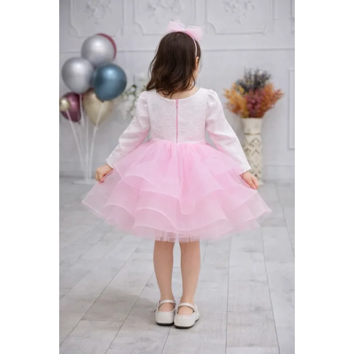 Kız Çocuk Üst Dokuma Kumaş Ön Dekolte Detaylı Şeker Pembesi Grenli Kabarık Elbise