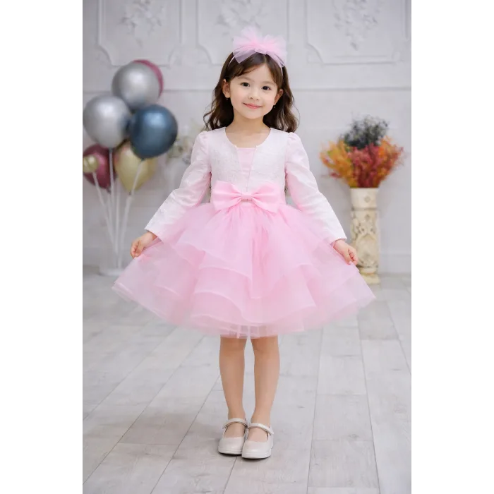 Kız Çocuk Üst Dokuma Kumaş Ön Dekolte Detaylı Şeker Pembesi Grenli Kabarık Elbise