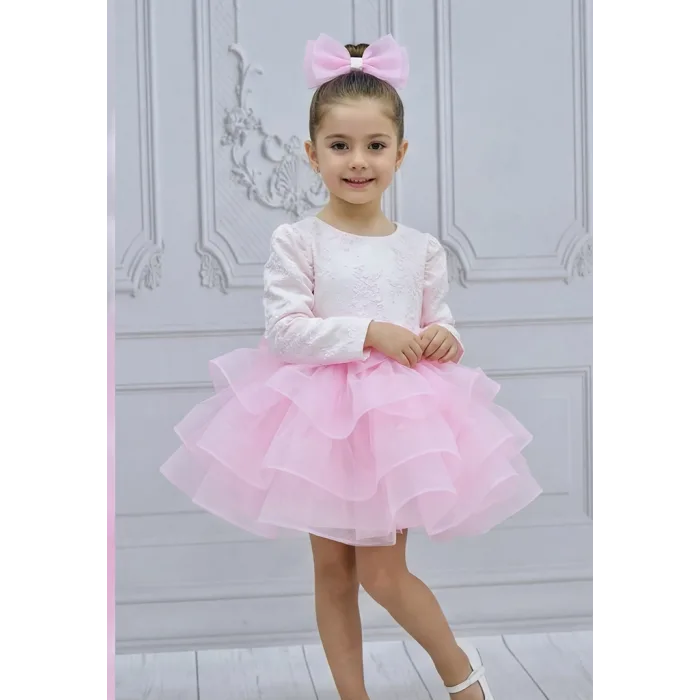 Kız Çocuk Üst Dokuma Kumaş Ön Dekolte Detaylı Şeker Pembesi Grenli Kabarık Elbise