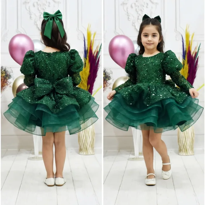 Kız Çocuk Zümrüt Yeşili Boncuklu Balon ve Düz Kol Elbise