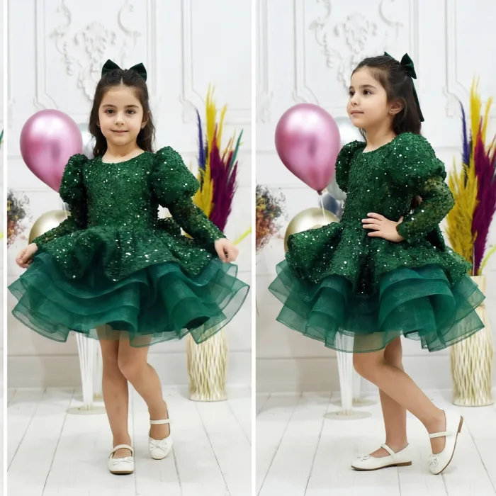 Kız Çocuk Zümrüt Yeşili Boncuklu Balon ve Düz Kol Elbise