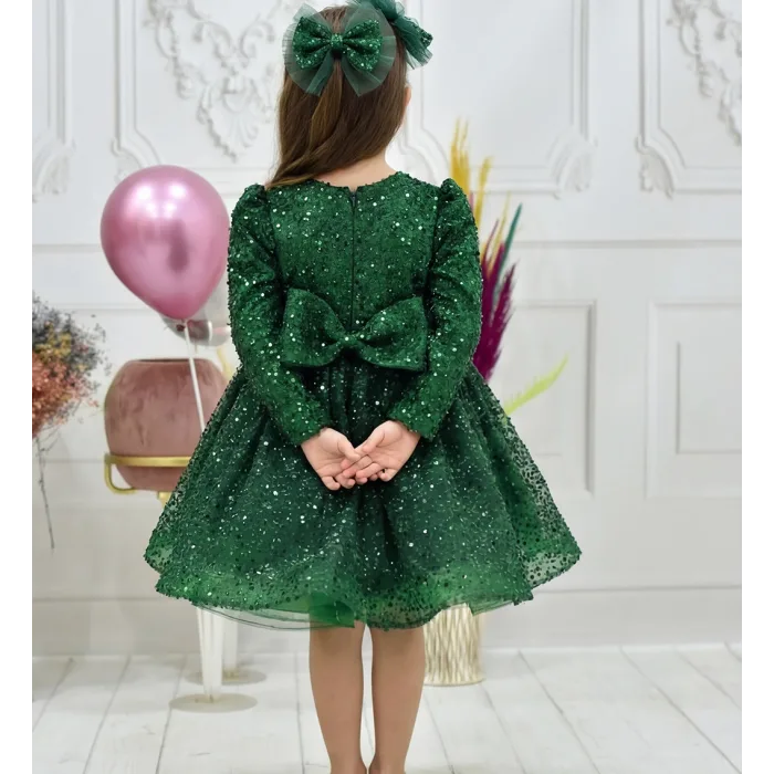 Kız Çocuk Zümrüt Yeşili Boncuklu Payetli Kabarık Elbise Uzun Kol