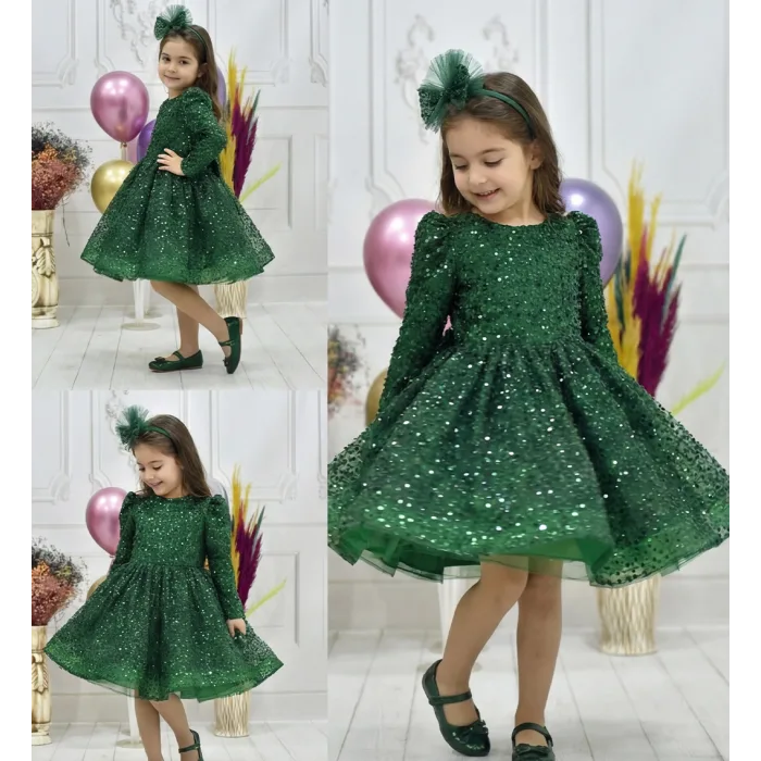 Kız Çocuk Zümrüt Yeşili Boncuklu Payetli Kabarık Elbise Uzun Kol