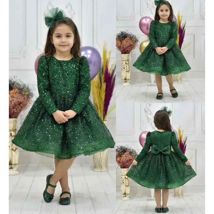 Kız Çocuk Zümrüt Yeşili Boncuklu Payetli Kabarık Elbise Uzun Kol