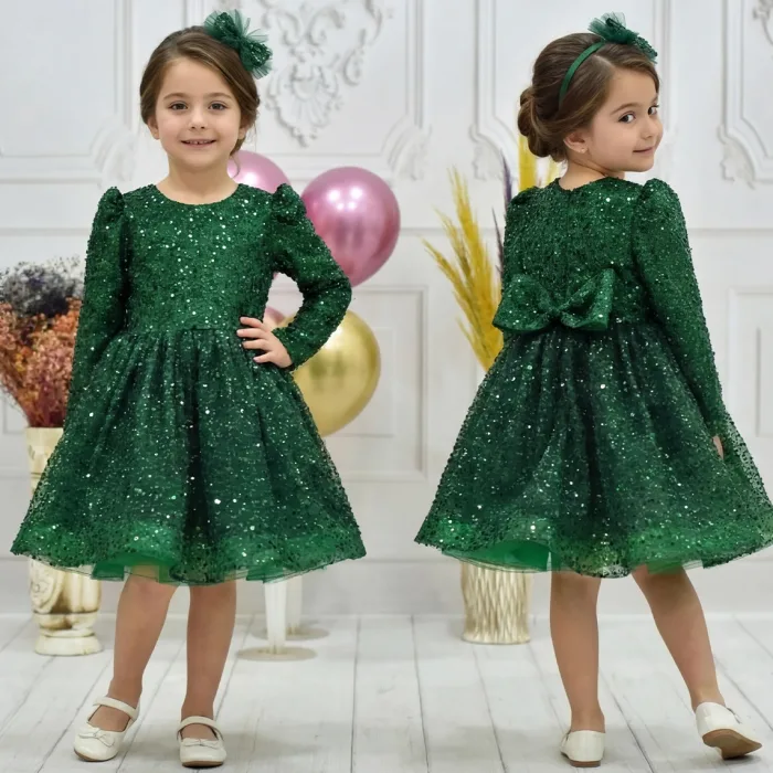 Kız Çocuk Zümrüt Yeşili Boncuklu Payetli Kabarık Elbise Uzun Kol