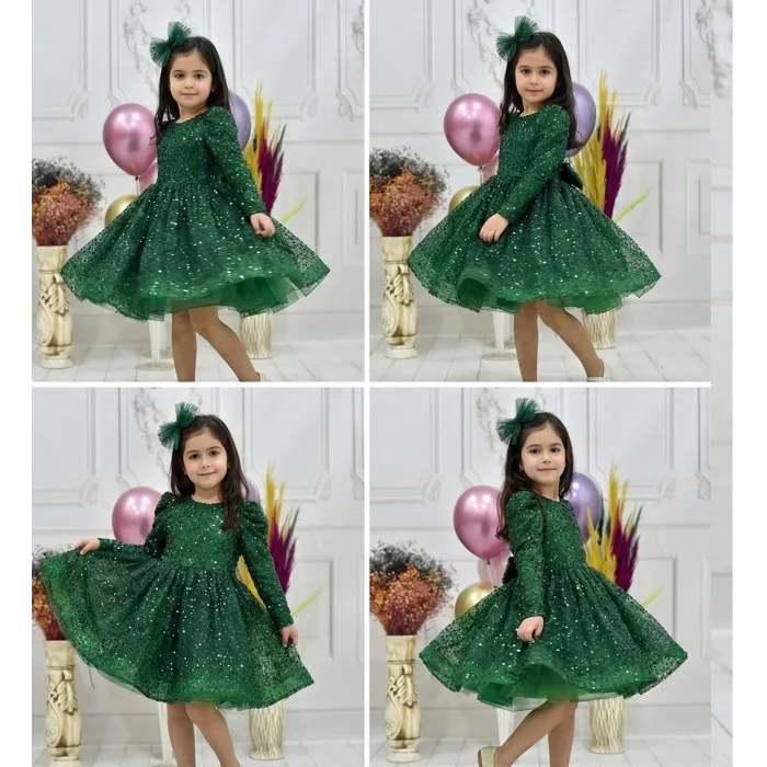 Kız Çocuk Zümrüt Yeşili Boncuklu Payetli Kabarık Elbise Uzun Kol