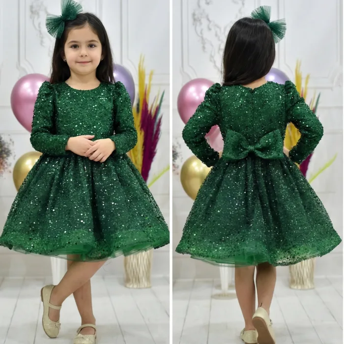 Kız Çocuk Zümrüt Yeşili Boncuklu Payetli Kabarık Elbise Uzun Kol