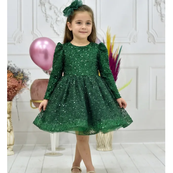 Kız Çocuk Zümrüt Yeşili Boncuklu Payetli Kabarık Elbise Uzun Kol