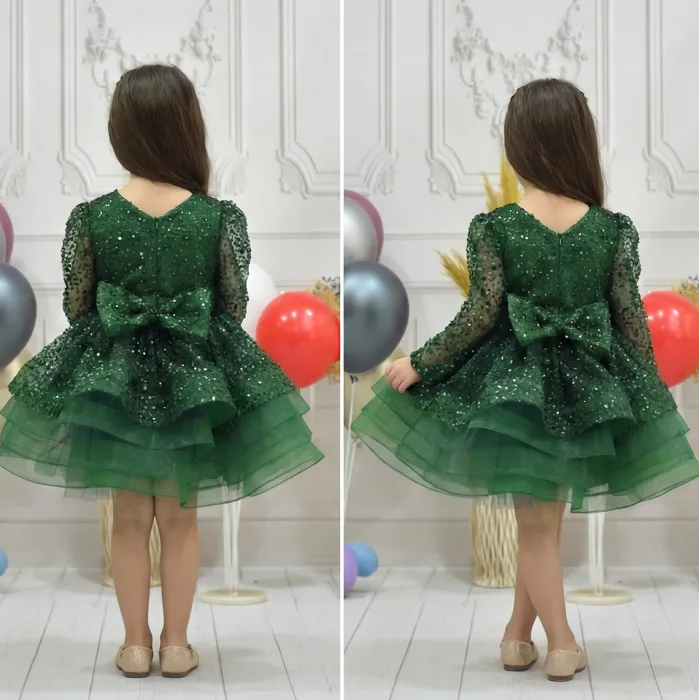 Kız Çocuk Zümrüt Yeşili Boncuklu Payetli Uzun Kol Kabarık Elbise