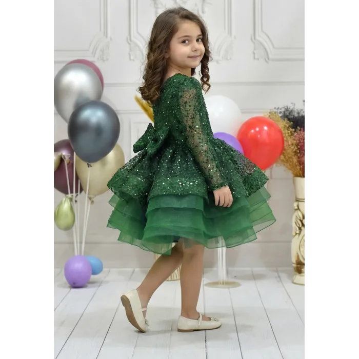 Kız Çocuk Zümrüt Yeşili Boncuklu Payetli Uzun Kol Kabarık Elbise