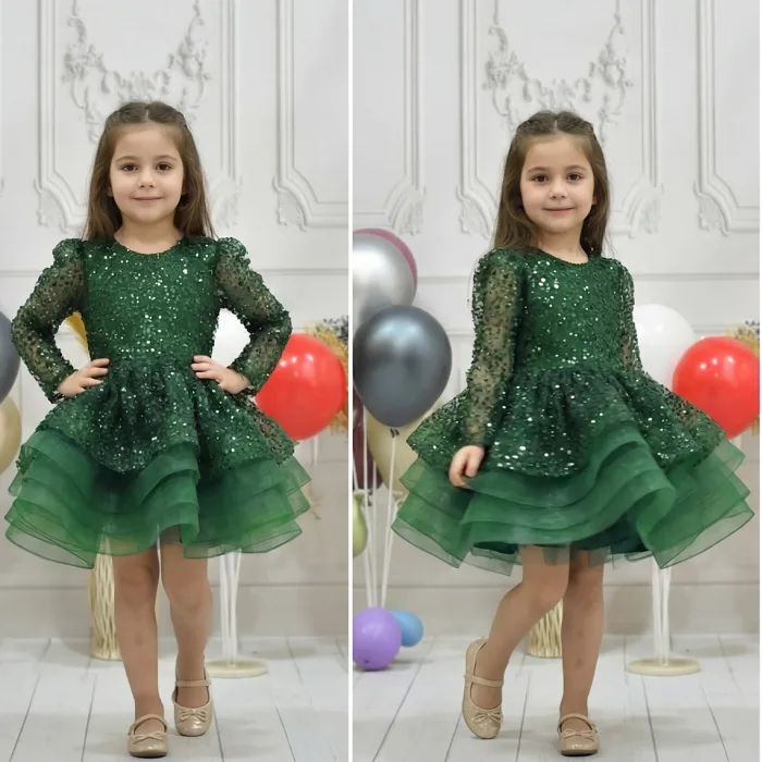 Kız Çocuk Zümrüt Yeşili Boncuklu Payetli Uzun Kol Kabarık Elbise