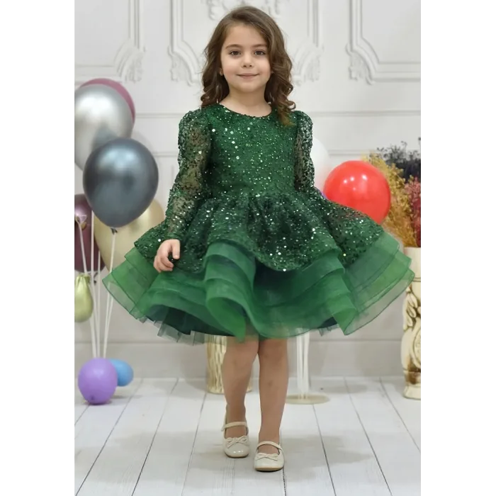 Kız Çocuk Zümrüt Yeşili Boncuklu Payetli Uzun Kol Kabarık Elbise