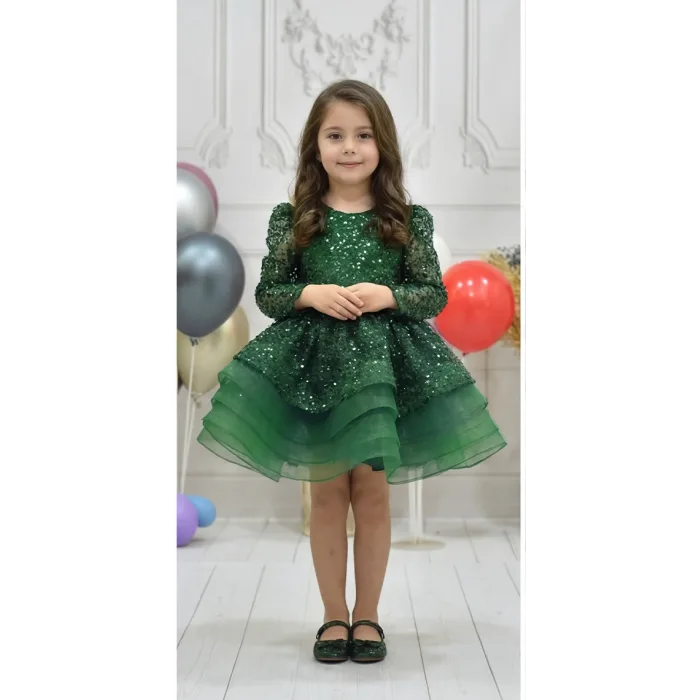 Kız Çocuk Zümrüt Yeşili Boncuklu Payetli Uzun Kol Kabarık Elbise