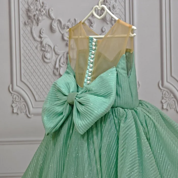 Kız Çocuk Su Yeşili Dalgalı Parıltılı Kuyruklu Elbise Abiye