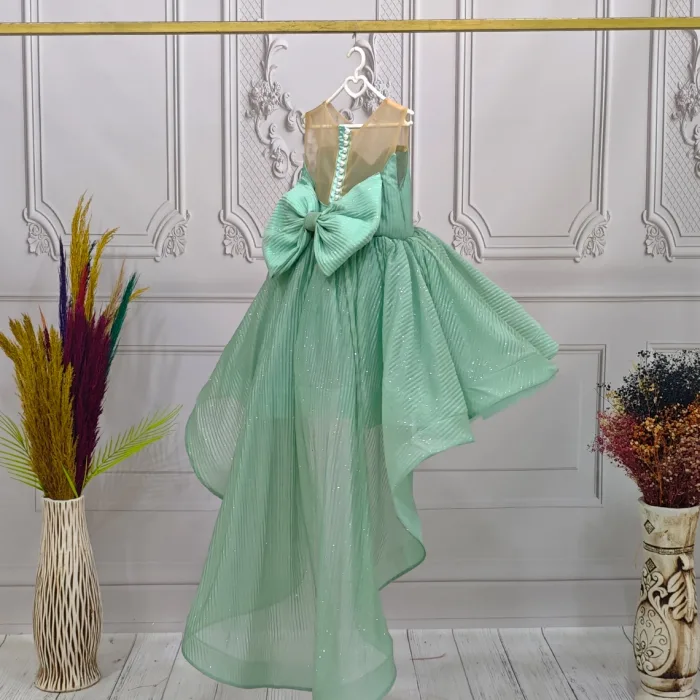 Kız Çocuk Su Yeşili Dalgalı Parıltılı Kuyruklu Elbise Abiye