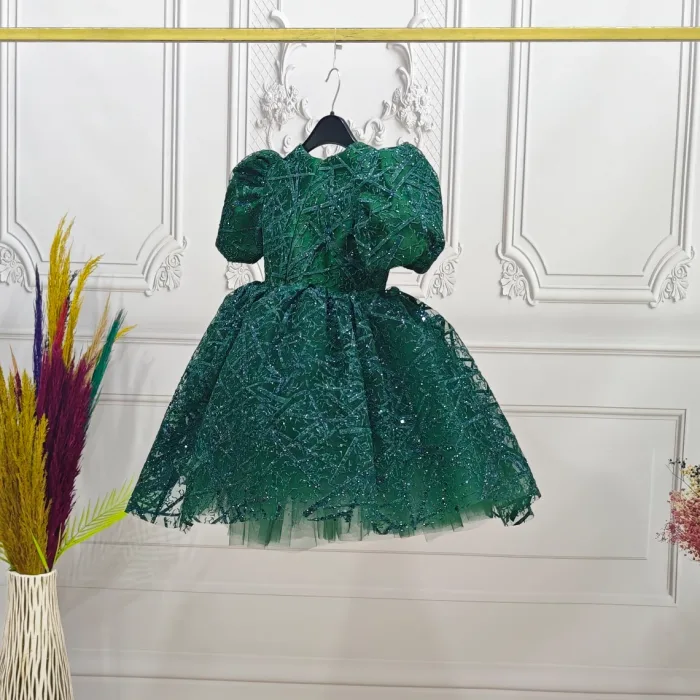 Kız Çocuk Zümrüt Yeşili Kareli Parıltılı Kuyruklu Elbise Abiye