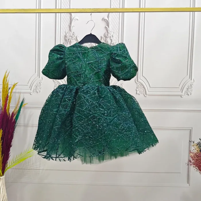 Kız Çocuk Zümrüt Yeşili Kareli Parıltılı Kuyruklu Elbise Abiye