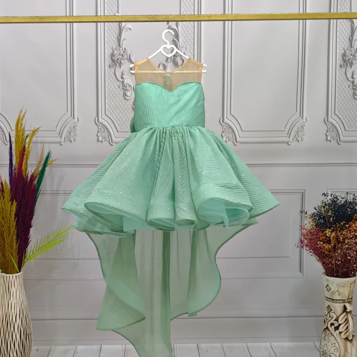 Kız Çocuk Su Yeşili Dalgalı Parıltılı Kuyruklu Elbise Abiye