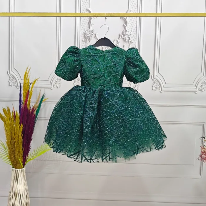 Kız Çocuk Zümrüt Yeşili Kareli Parıltılı Kuyruklu Elbise Abiye