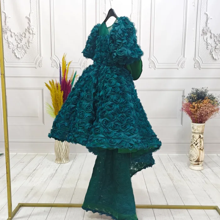 zümrüt Yeşili Güllüa Abiye+ Kelebek Seti Kuyruklu Kısa Kol Elbise Abiye Gelinlik