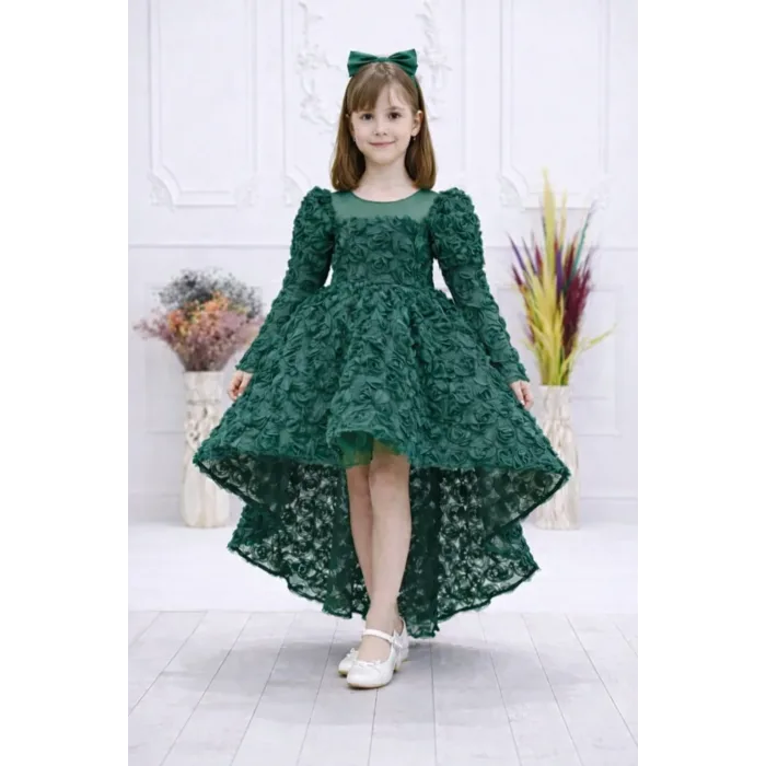 Zümrüt Yeşili Şefaff  Gül Desenli Kuyruklu Uzun Kol Elbise Abiye