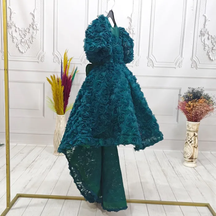 zümrüt Yeşili Güllüa Abiye+ Kelebek Seti Kuyruklu Kısa Kol Elbise Abiye Gelinlik