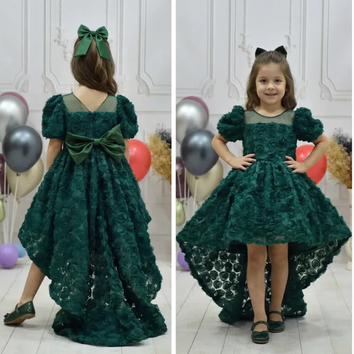 Kız Çocuk Zümrüt Yeşili Gül Desenli Kuyruklu Uzun Kol Elbise Abiye