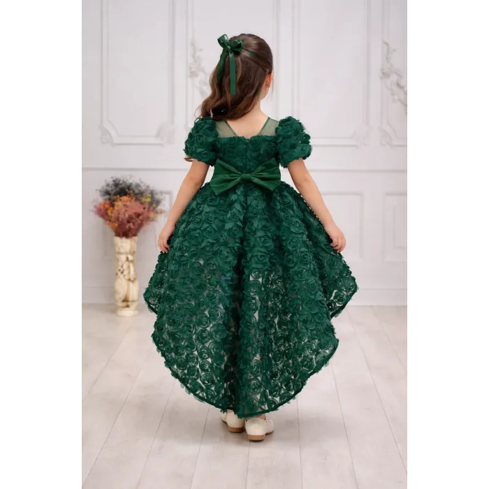 Kız Çocuk Zümrüt Yeşili Gül Desenli Kuyruklu Uzun Kol Elbise Abiye