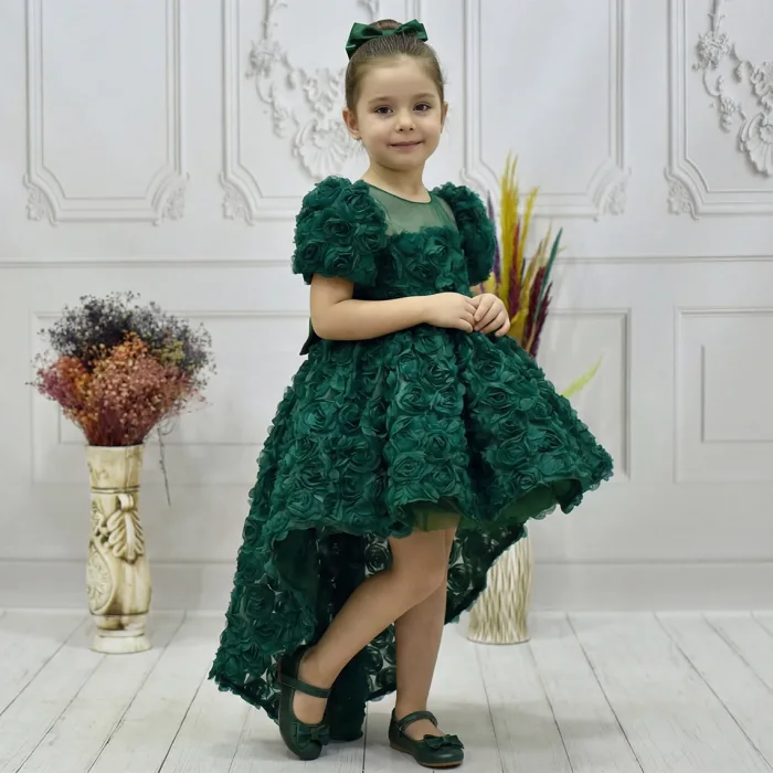 Kız Çocuk Zümrüt Yeşili Gül Desenli Kuyruklu Uzun Kol Elbise Abiye