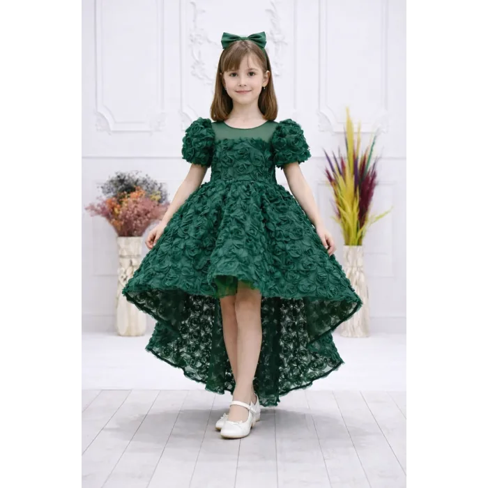 Kız Çocuk Zümrüt Yeşili Gül Desenli Kuyruklu Uzun Kol Elbise Abiye