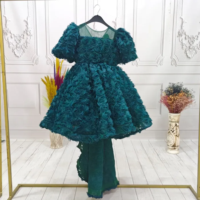 zümrüt Yeşili Güllüa Abiye+ Kelebek Seti Kuyruklu Kısa Kol Elbise Abiye Gelinlik