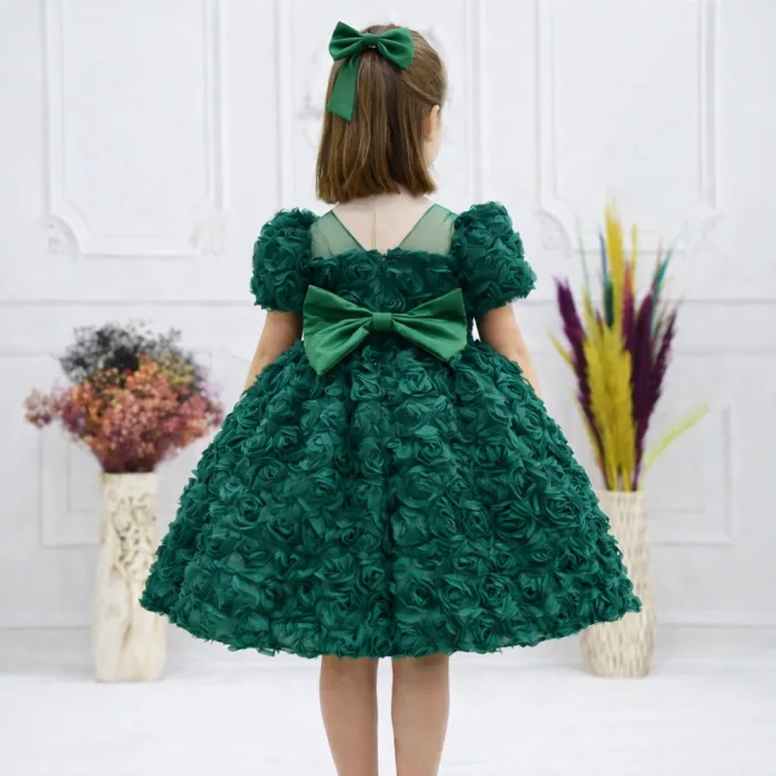 Kız Çocuk Zümrüt Yeşili Gül Desenli Uzun Kol Kabarık Elbise