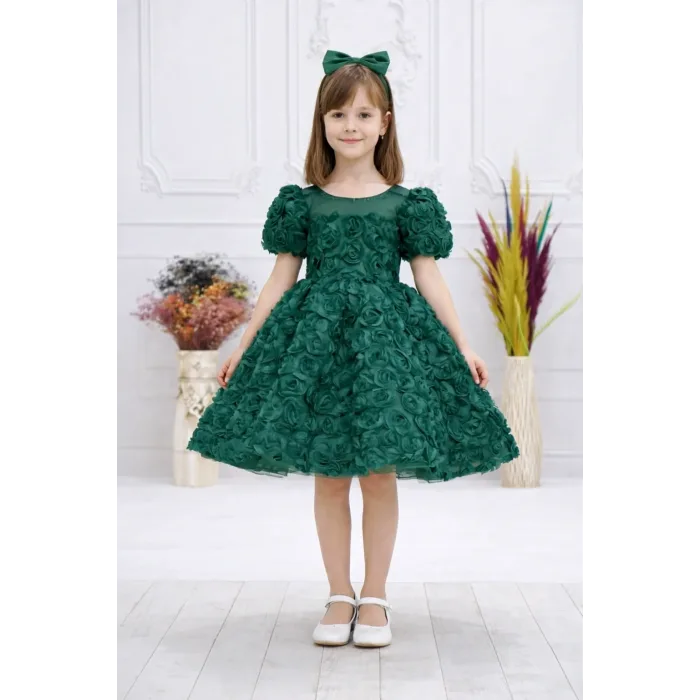 Kız Çocuk Zümrüt Yeşili Gül Desenli Uzun Kol Kabarık Elbise