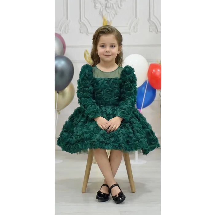 Kız Çocuk Zümrüt Yeşili Gül Desenli Uzun Kol Kabarık Elbise