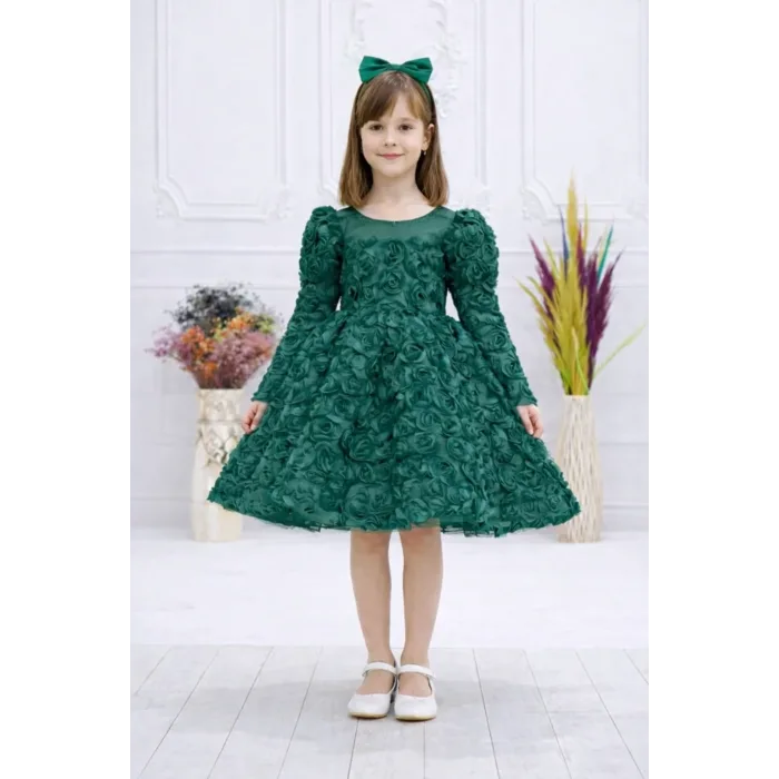 Kız Çocuk Zümrüt Yeşili Gül Desenli Uzun Kol Kabarık Elbise
