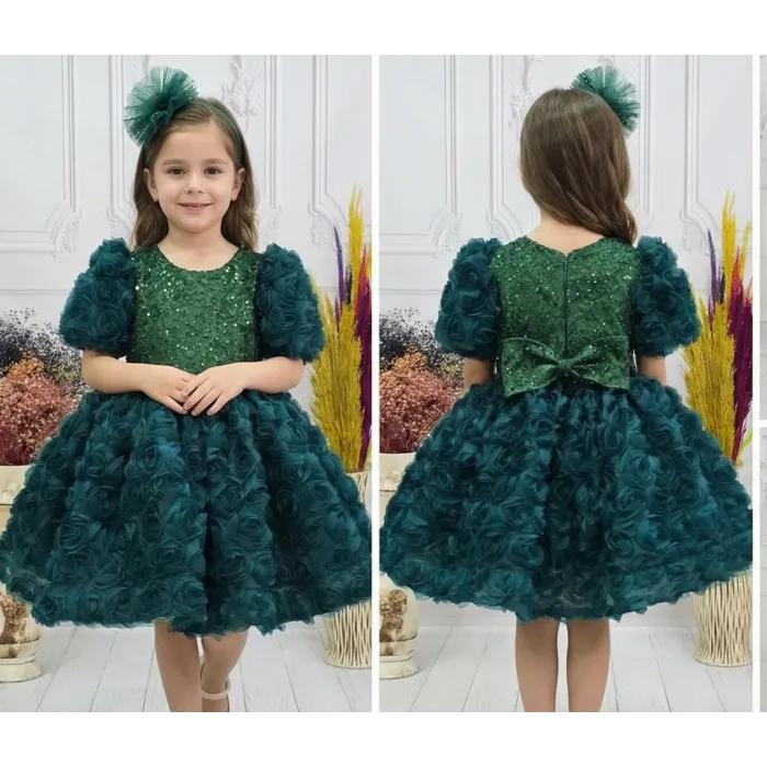 Kız Çocuk Zümrüt Yeşili Gül Desenli ve Boncuklu Kısa Balon Kol