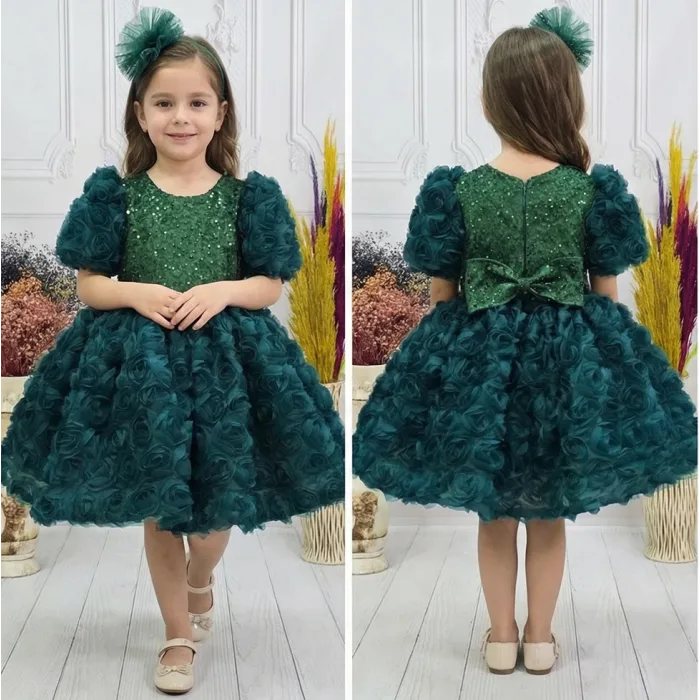 Kız Çocuk Zümrüt Yeşili Gül Desenli ve Boncuklu Kısa Balon Kol