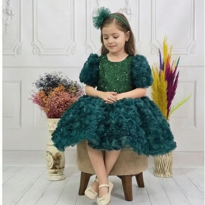 Kız Çocuk Zümrüt Yeşili Gül Desenli ve Boncuklu Kısa Balon Kol