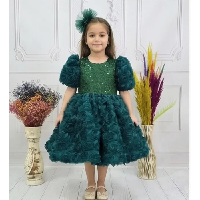 Kız Çocuk Zümrüt Yeşili Gül Desenli ve Boncuklu Kısa Balon Kol