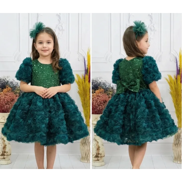 Kız Çocuk Zümrüt Yeşili Gül Desenli ve Boncuklu Kısa Balon Kol