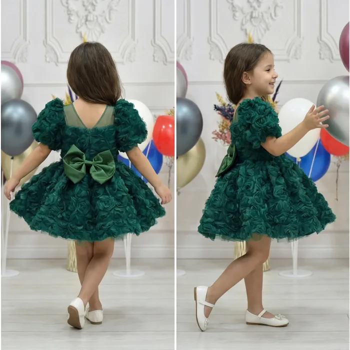 Kız Çocuk Zümrüt Yeşili Kısa Kol Gül Detaylı Kabarık Elbise Abiye Gelinlik