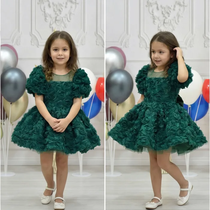 Kız Çocuk Zümrüt Yeşili Kısa Kol Gül Detaylı Kabarık Elbise Abiye Gelinlik