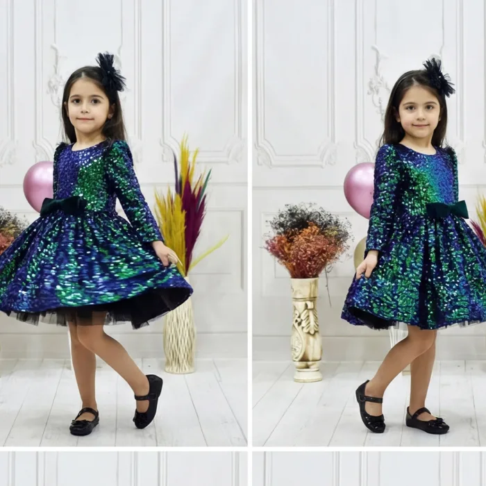 Kız Çocuk Zümrüt Yeşili Hologram Omuz Tül Detaylı Uzun Kol Elbise