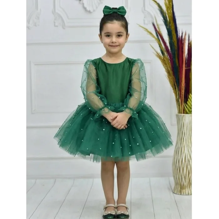 Kız Çocuk Zümrüt Yeşili İncili Uzun Şeffaf Kol Kabarık Elbise